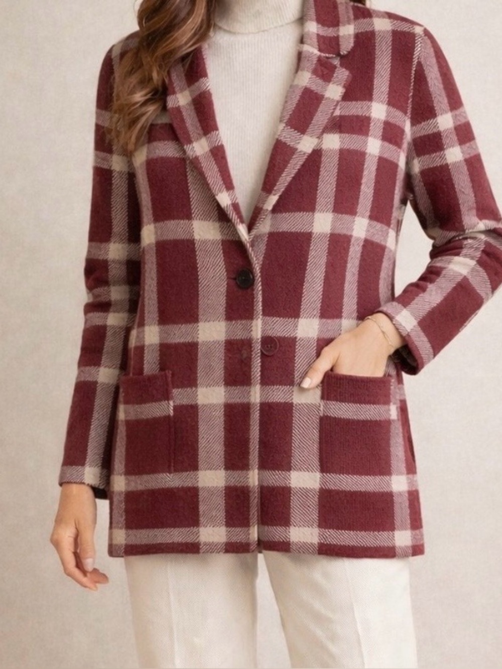 Christian Siriano Burgundy and Cream Plaid Blazer